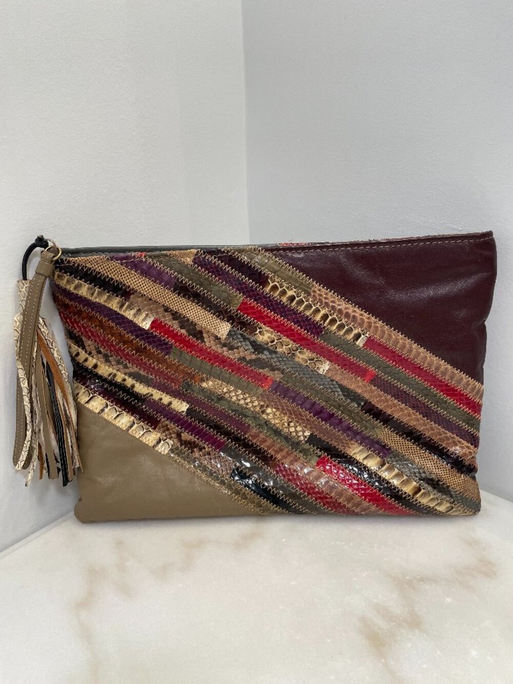 VINTAGE Bassous Bags by Jane Snakeskin Leather Striped Clutch Circa 1970's